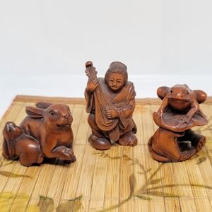3 Wood Carved Netsuke Rabbit Frog Man Playing Music